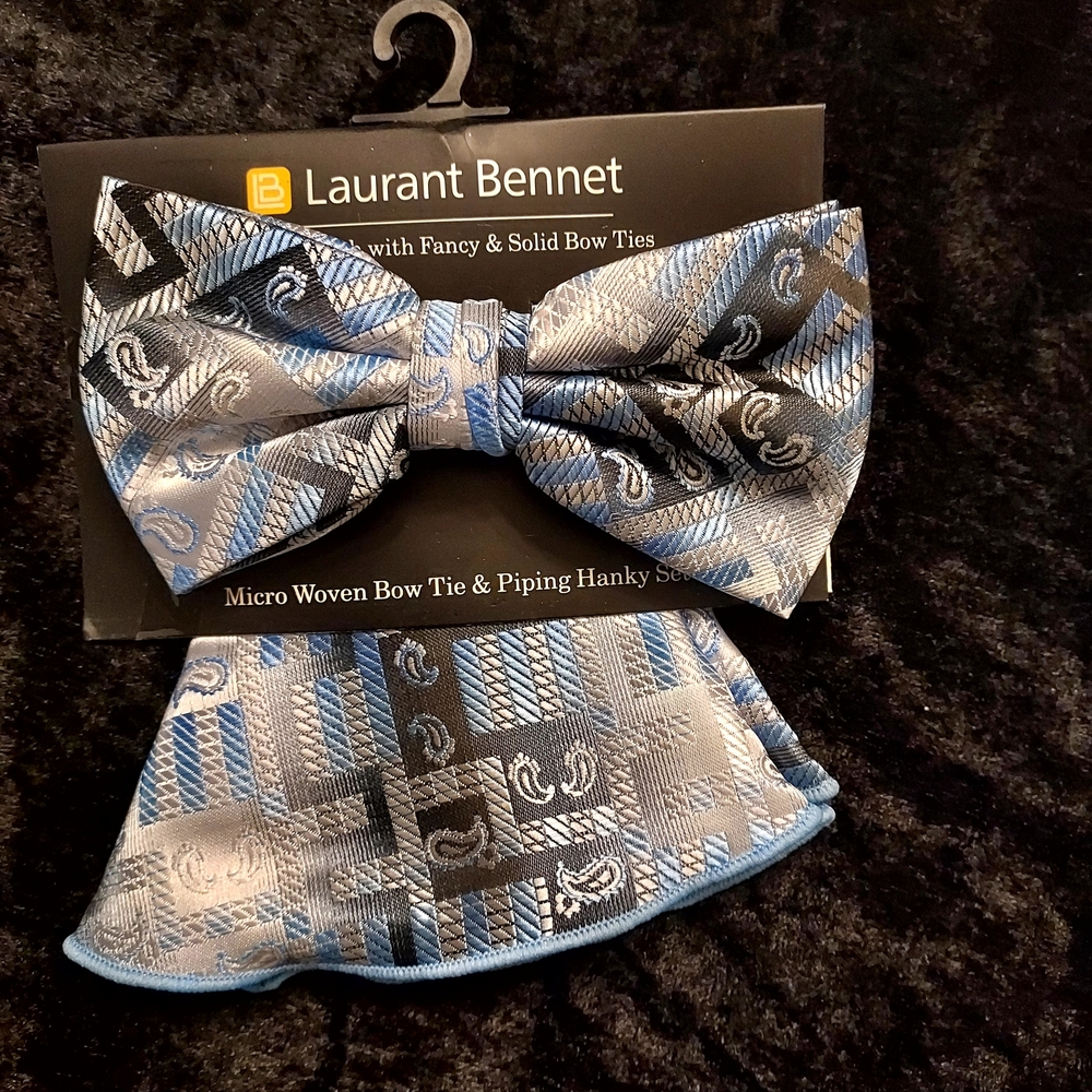 Blue and Gray Paisley Bow Tie Set